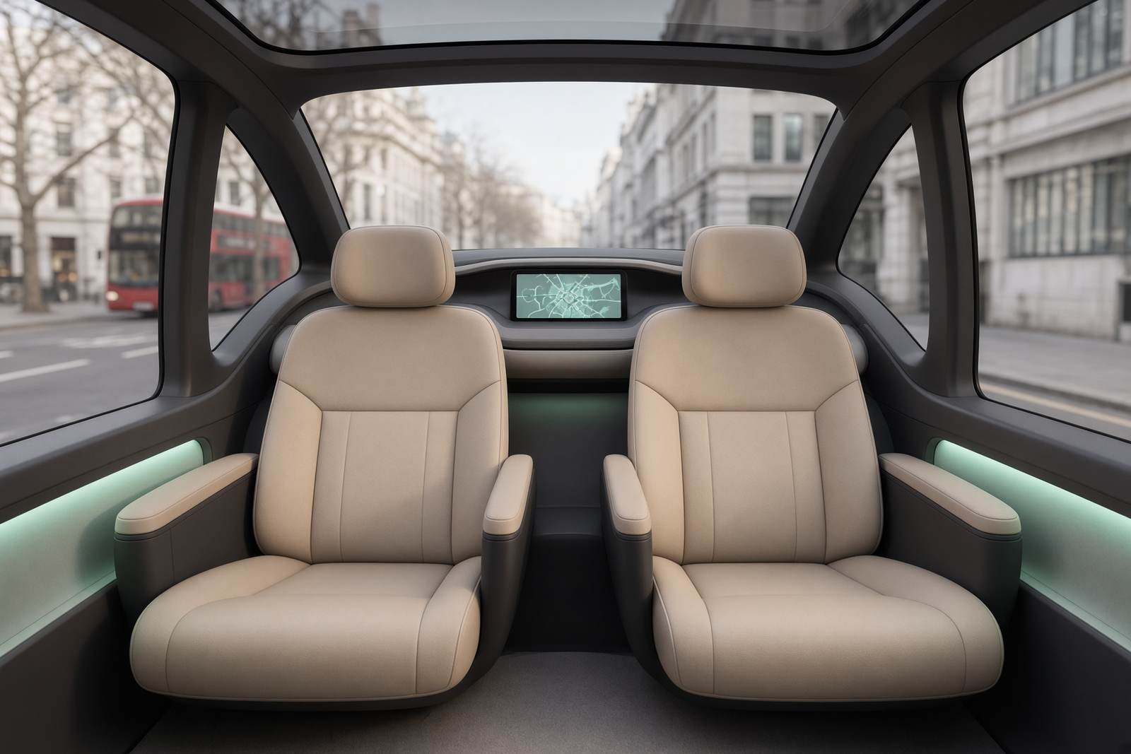 Cabin of a micro pod with two sand leather seats and no steering wheel