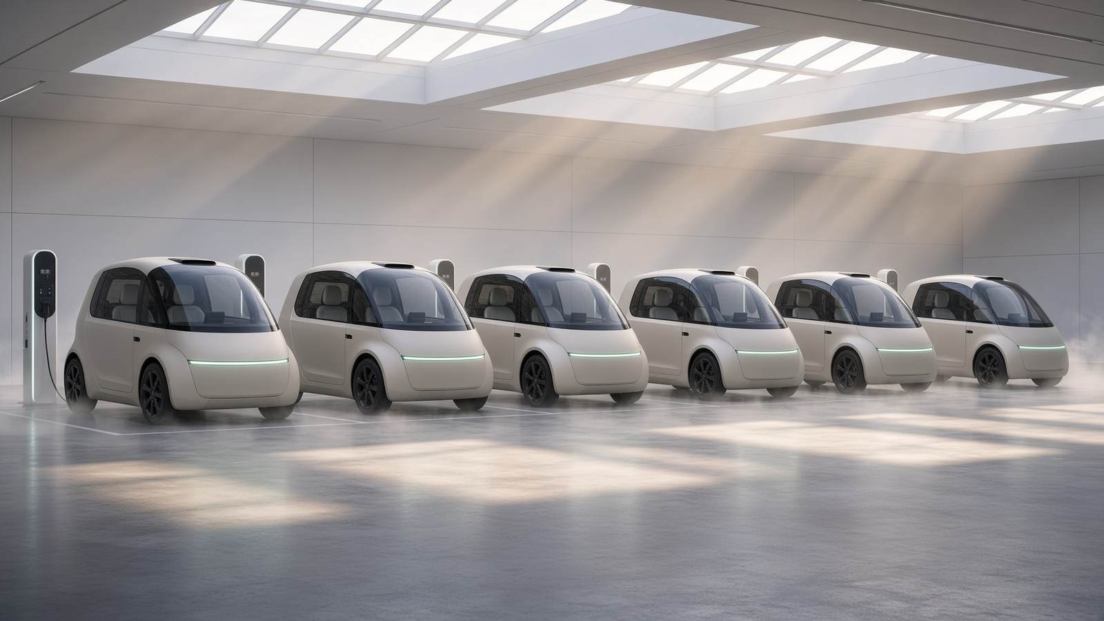 A row of identical Beckon pods charging in a dawn depot