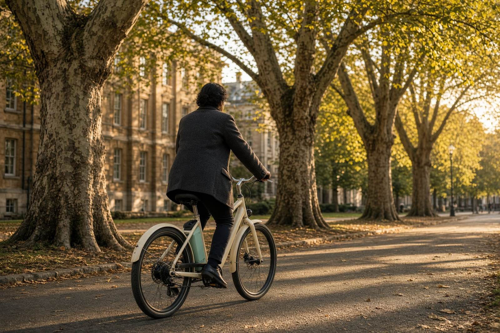 A rider on a cream e-bike along a golden campus avenue