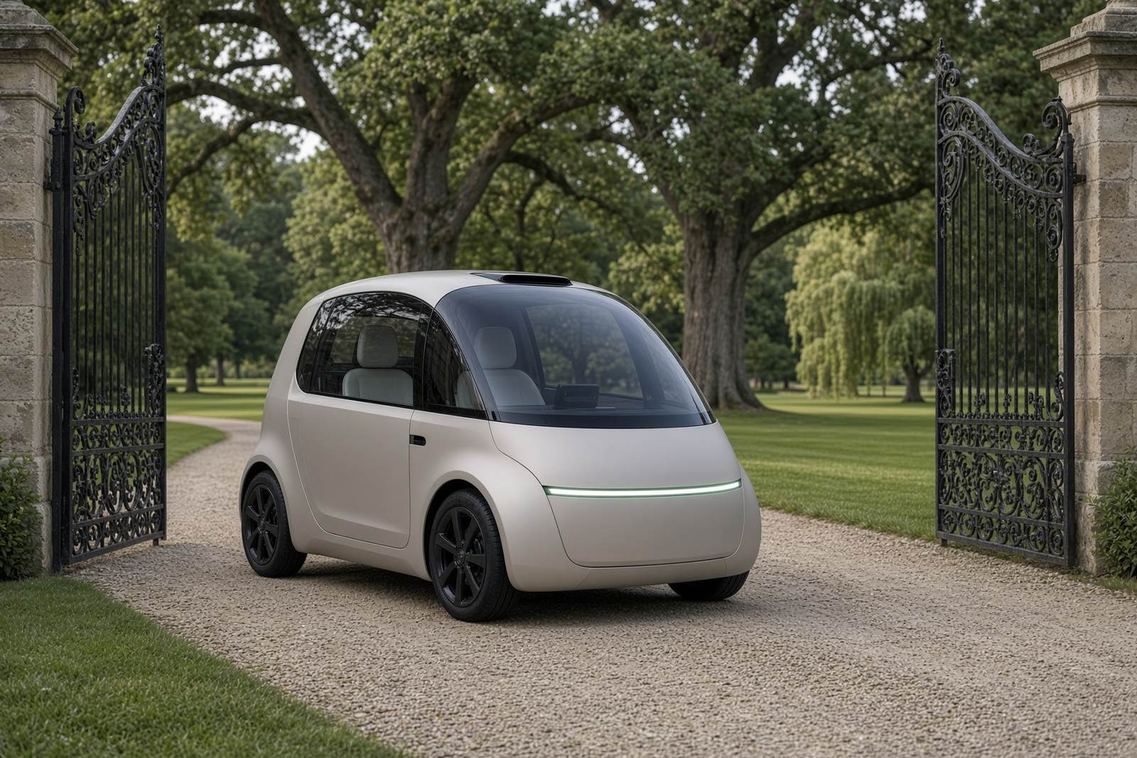 Autonomous pod on a gravel drive at a private estate gate