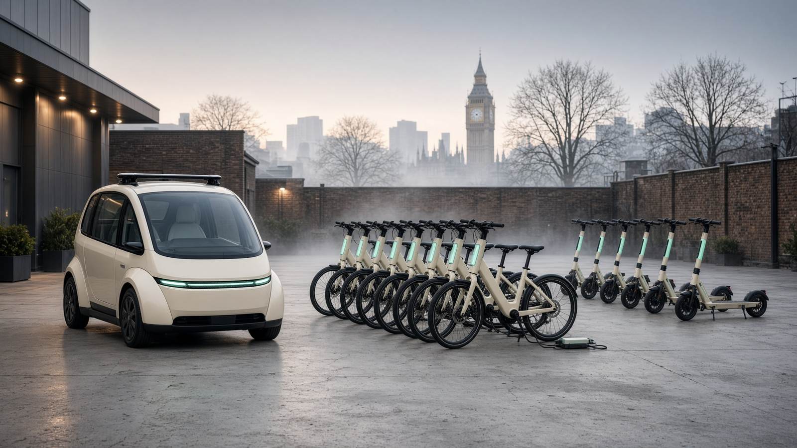 A pod, a row of e-bikes, and a row of scooters charging in a dawn depot