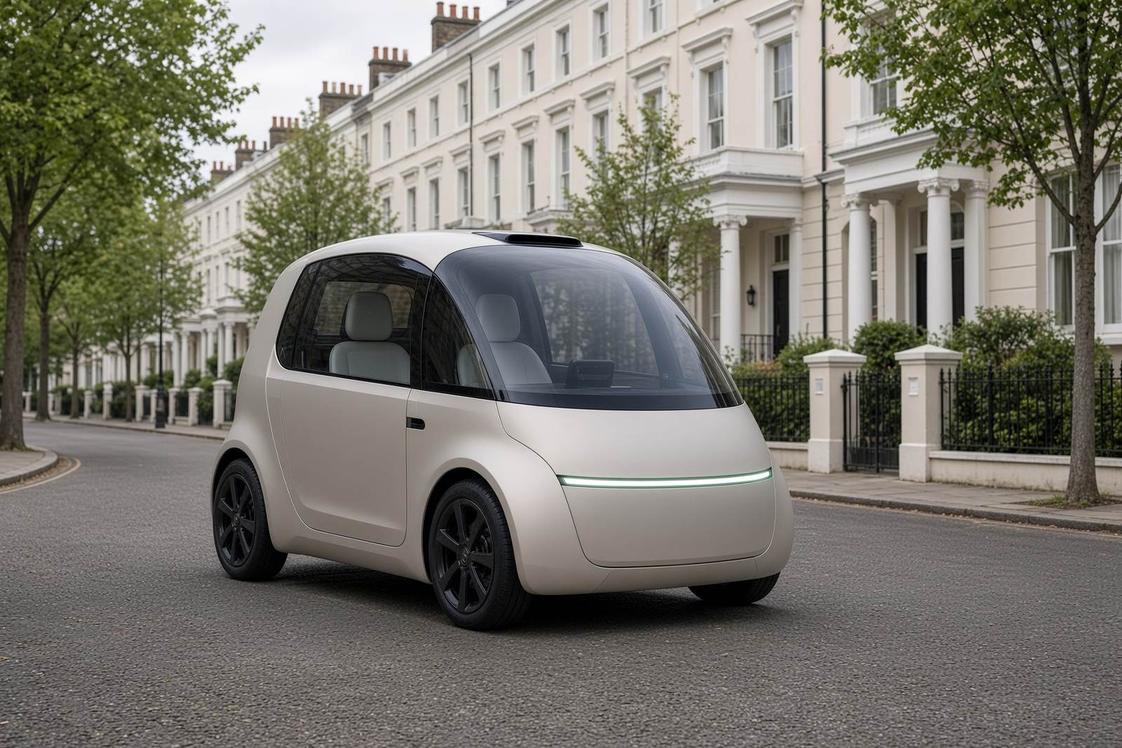 Autonomous pod on a quiet tree-lined residential mews