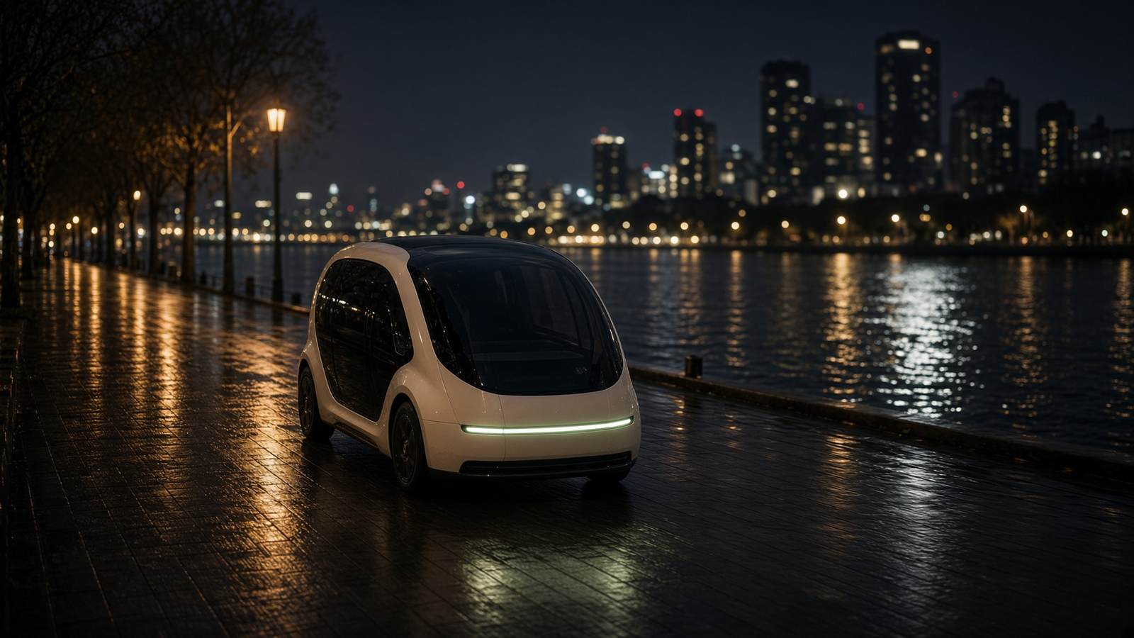 Autonomous pod driving along a riverside promenade at night