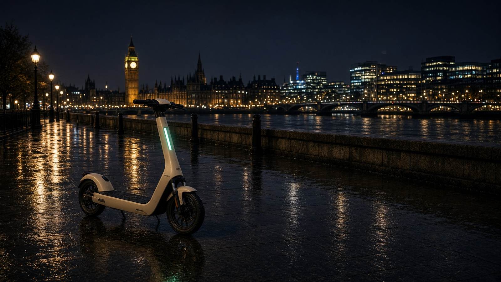 A cream electric scooter parked on a wet riverside promenade at night
