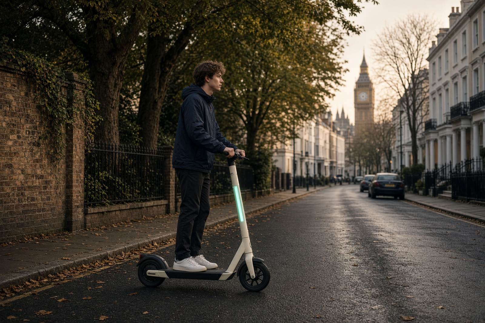 A rider on a cream electric scooter on a quiet London street