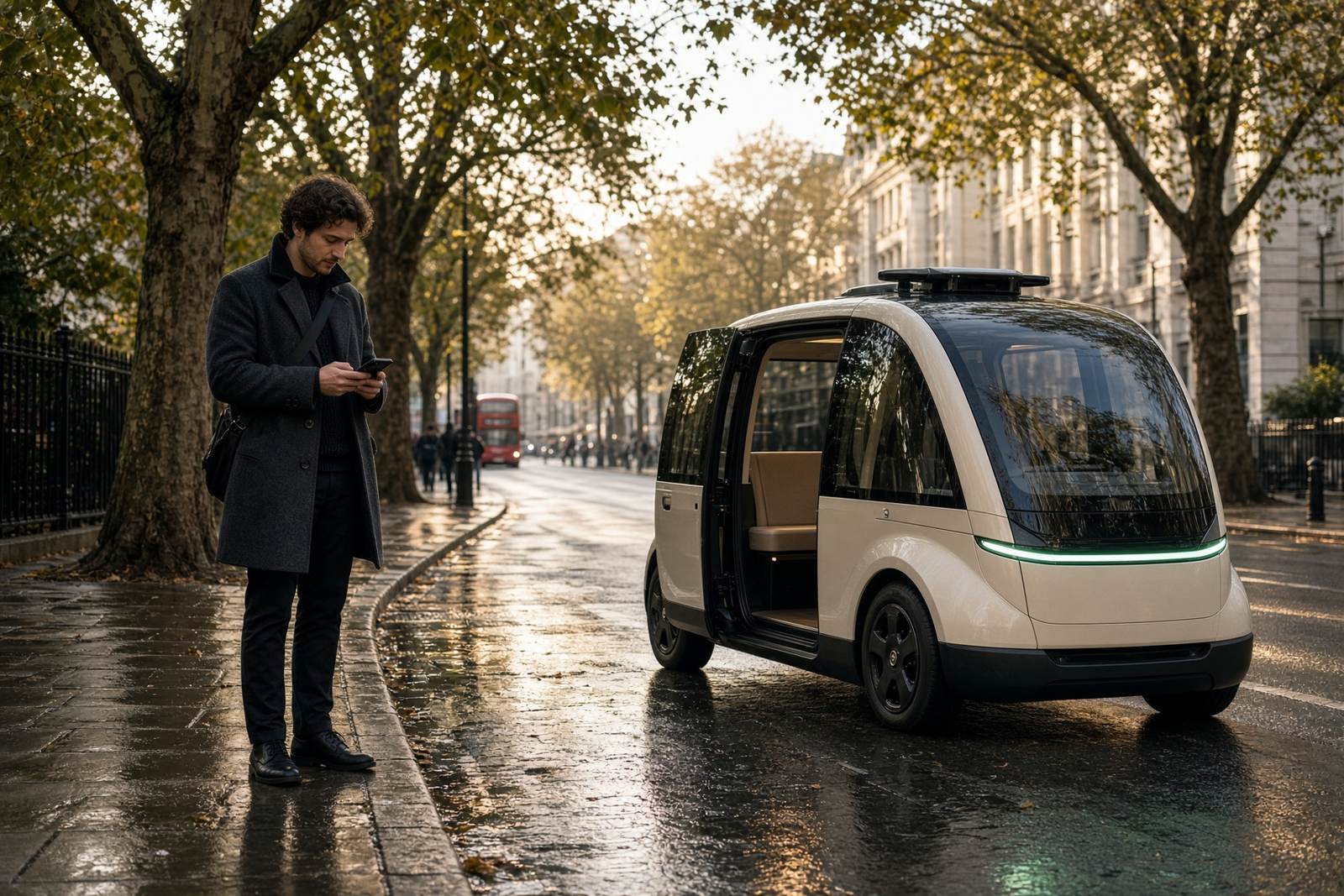 A person with a phone waits as an autonomous pod opens its door at the kerb