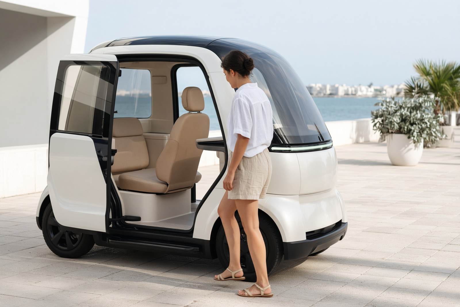 Person stepping into an open autonomous pod on a sunny waterfront